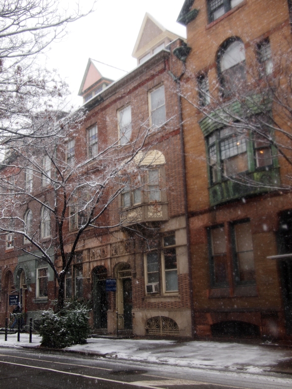 The snow creates a soft-focus on these ornate brownstones on Spruce, 10 December 2013. 